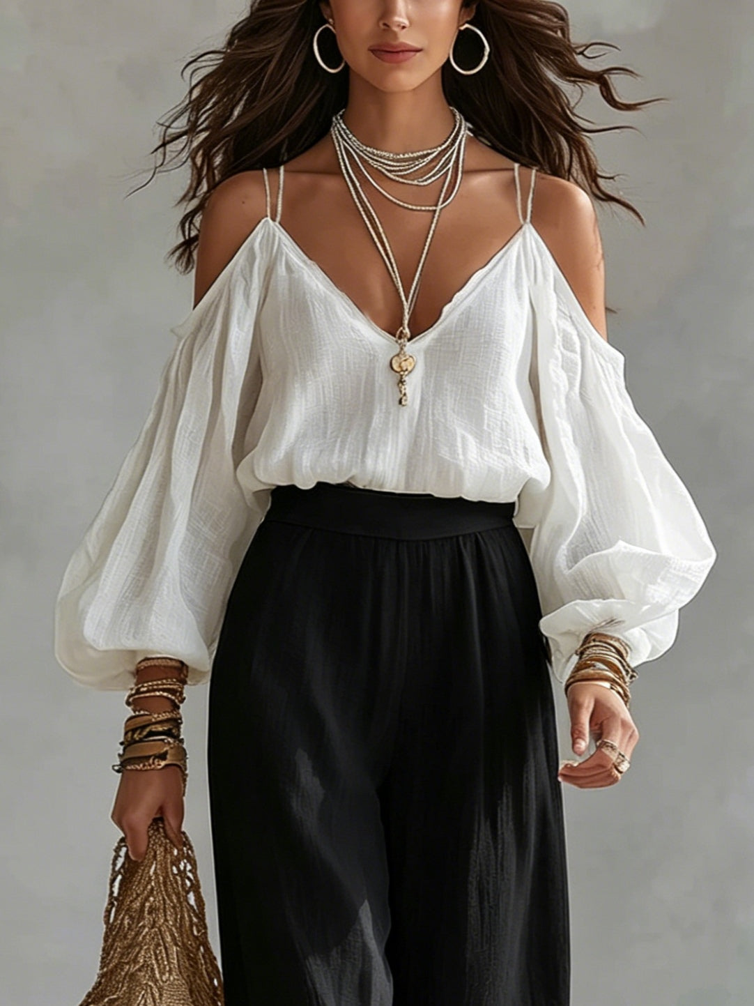 White Strapless Top and Black Wide-Leg Pants Set