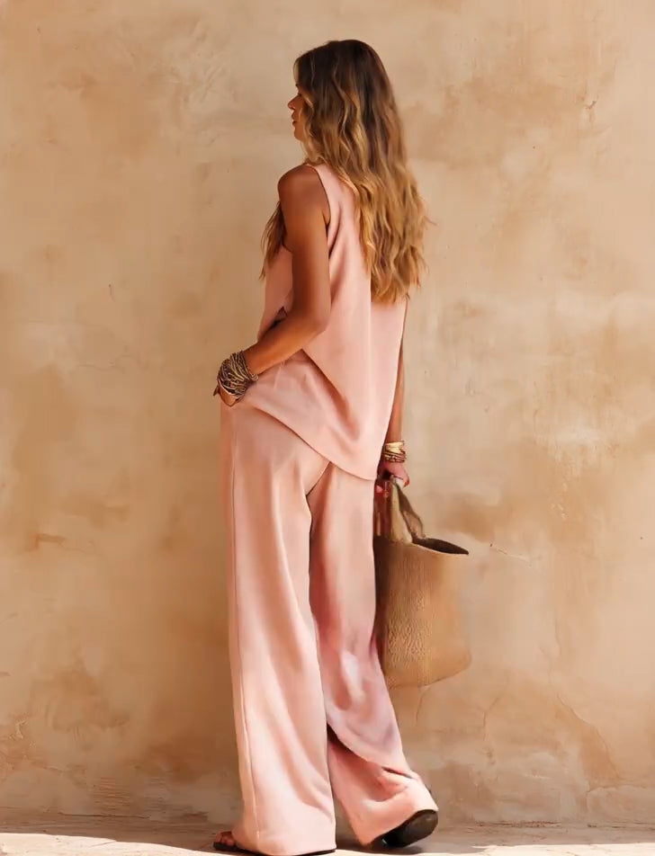Pink Casual Set with One-Shoulder Sleeveless Top and Pants