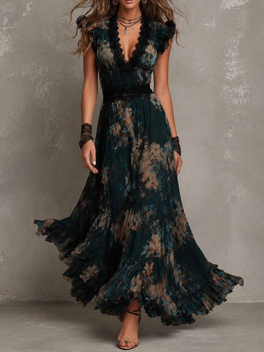 Deep V-Neck Lace Trim Cap Sleeve Floral Chiffon Ruffle Maxi Dress