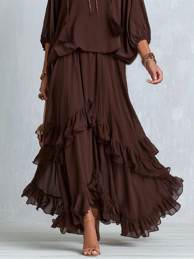 V-Neck Tassel Tie Top and Tiered Ruffle Maxi Skirt Two Piece Set