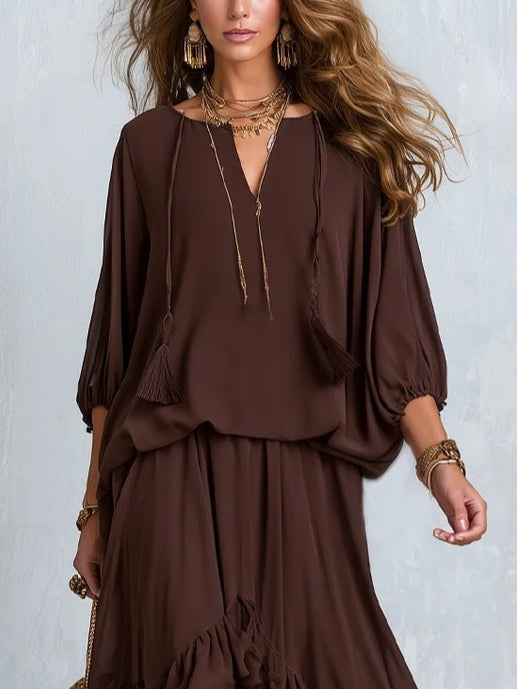 V-Neck Tassel Tie Top and Tiered Ruffle Maxi Skirt Two Piece Set