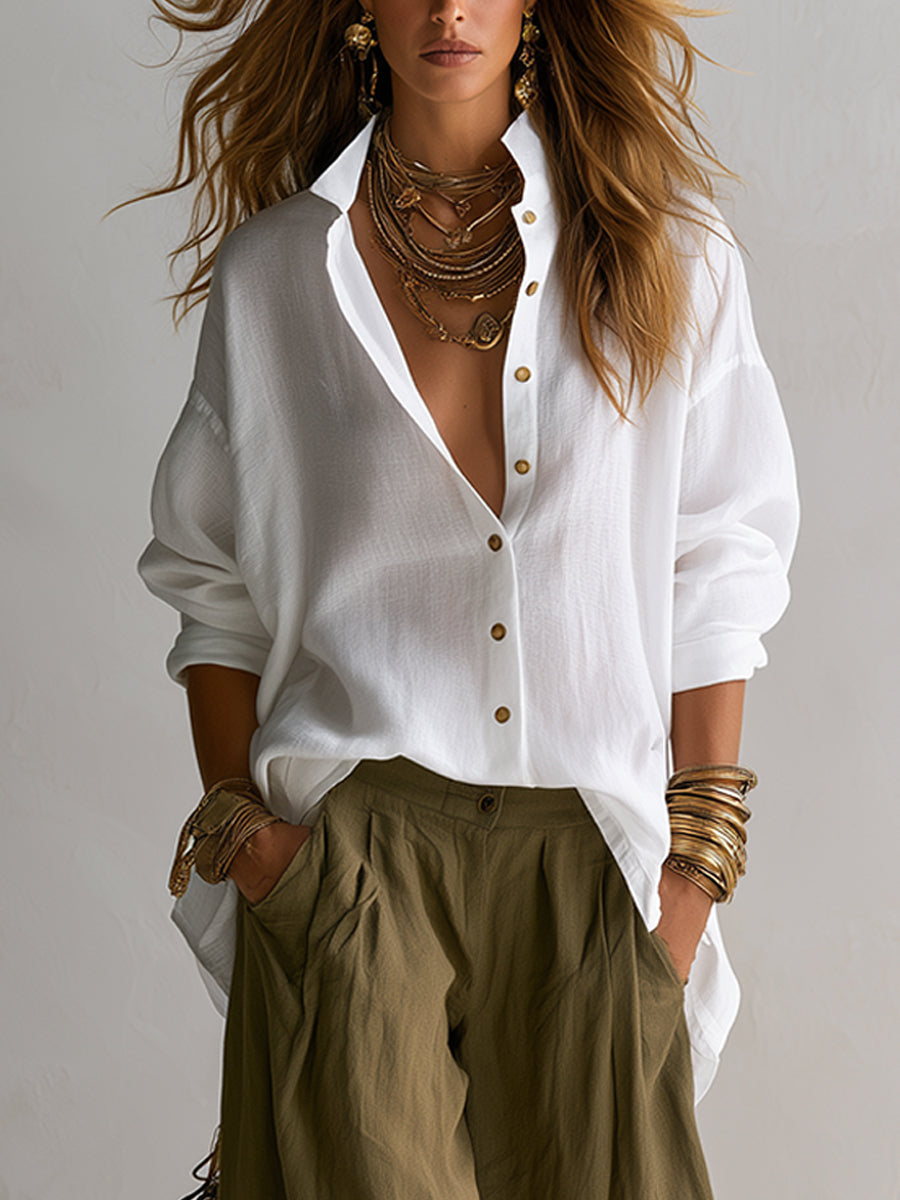 Loose-Fitting White Shirt and Green Wide-Leg Lantern Pants