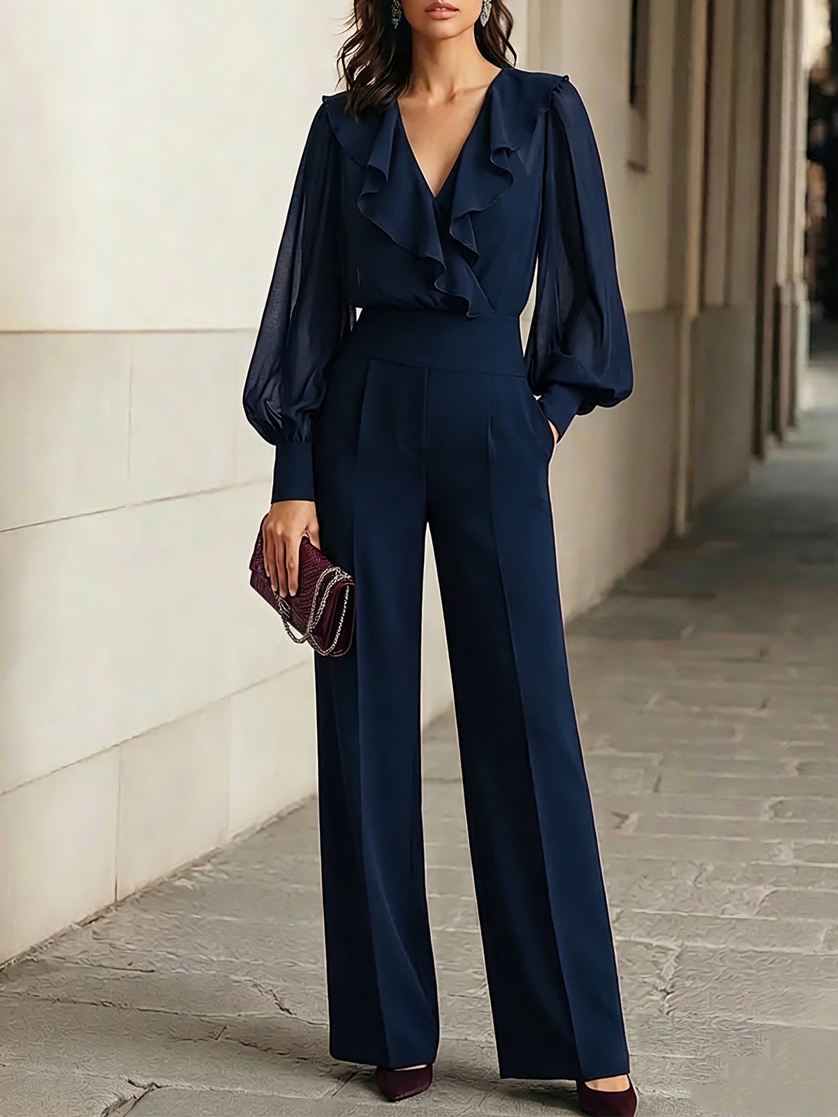 Ruffle V-Neck Long Sleeve Wide Leg Jumpsuit
