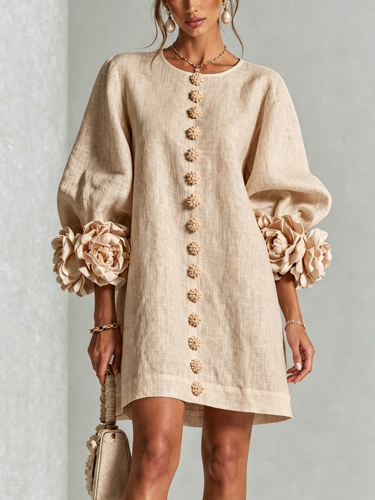Floral Applique Puff Sleeve Button Front Linen Mini Dress