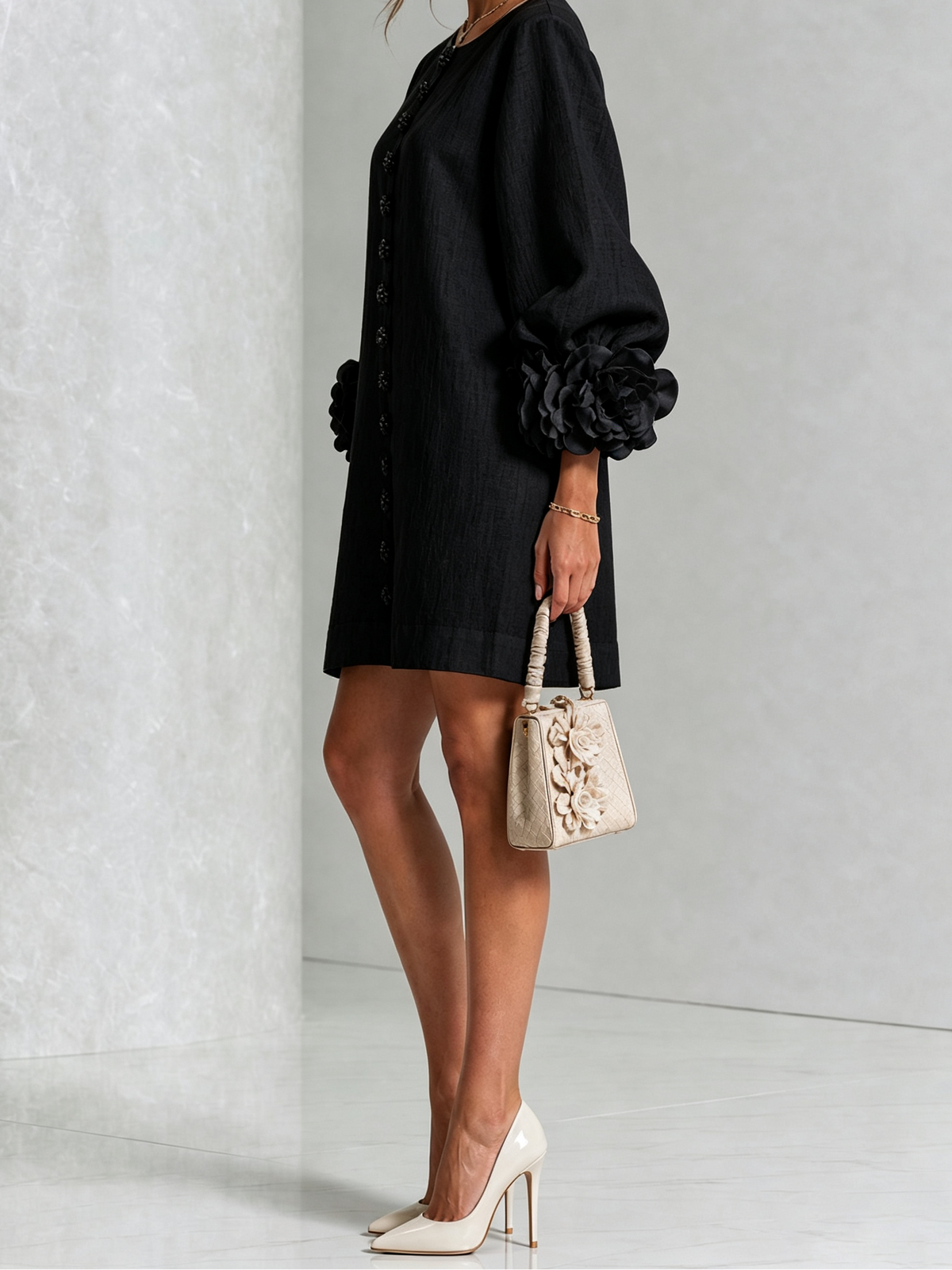 Round Neck Floral Applique Sleeve Button Front Linen Look Mini Dress