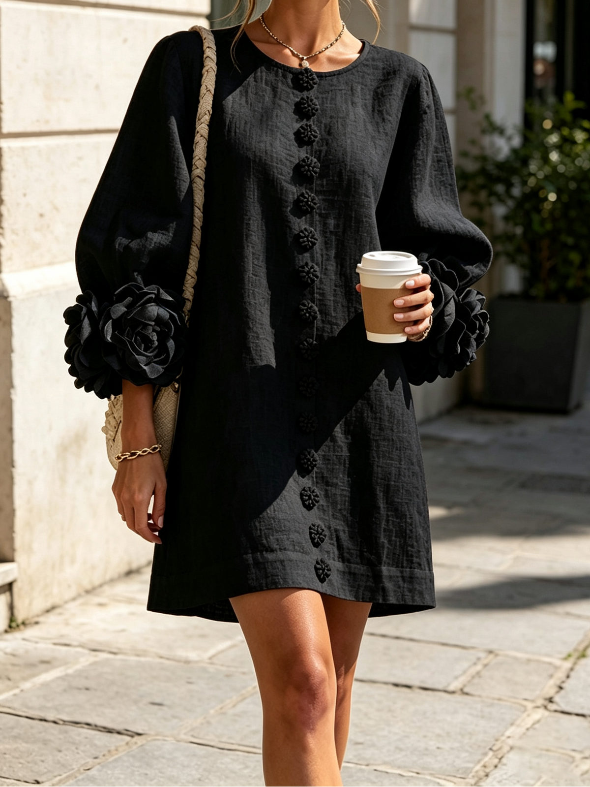 Round Neck Floral Applique Sleeve Button Front Linen Look Mini Dress