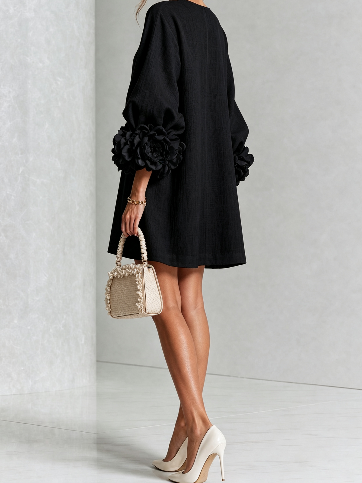 Round Neck Floral Applique Sleeve Button Front Linen Look Mini Dress