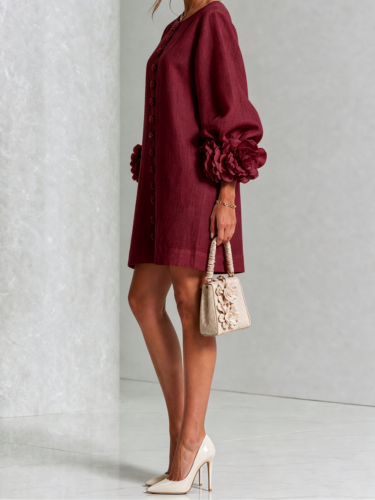 Round Neck Floral Applique Sleeve Button Front Linen Look Mini Dress