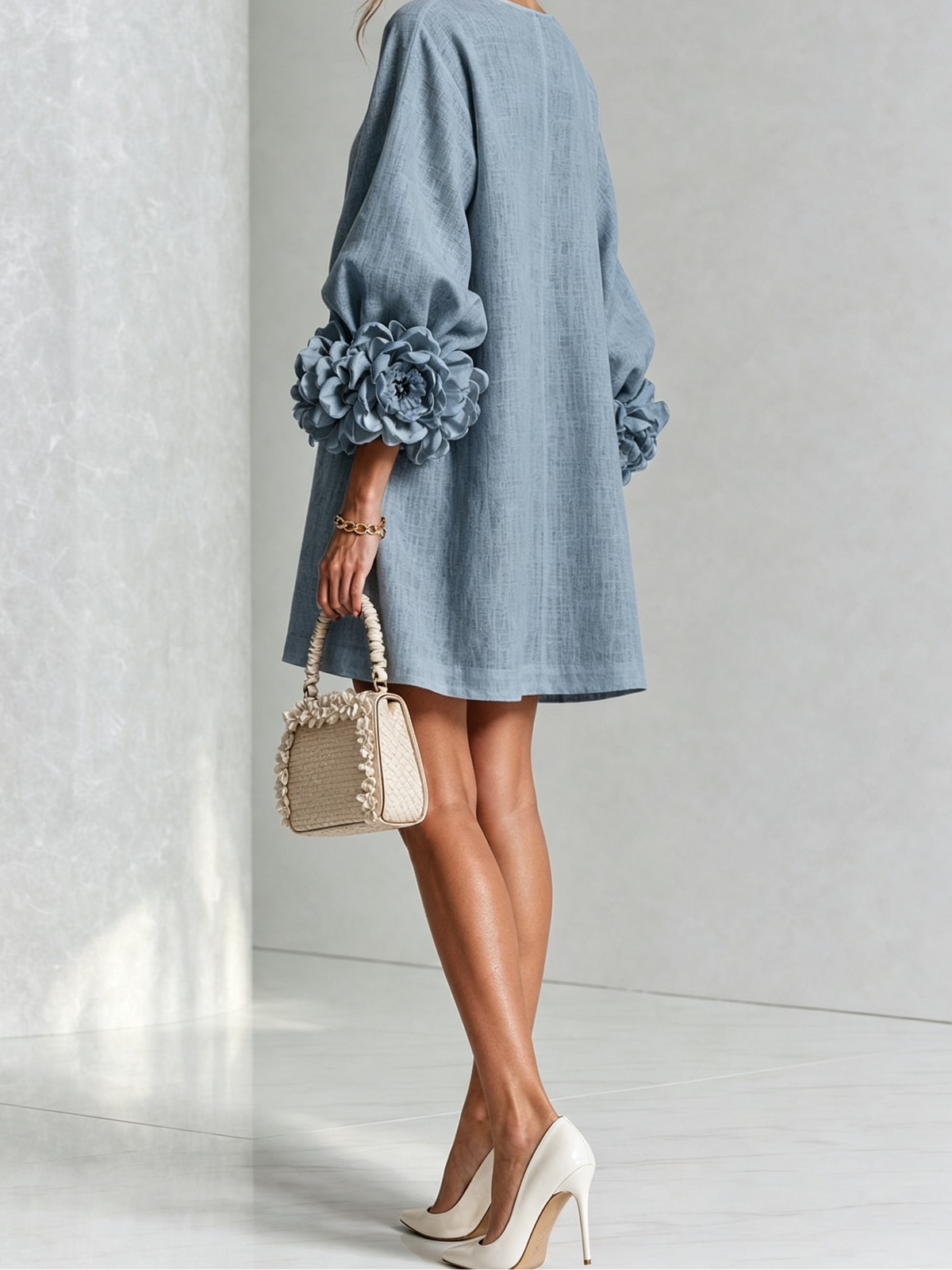 Round Neck Floral Applique Sleeve Button Front Linen Look Mini Dress