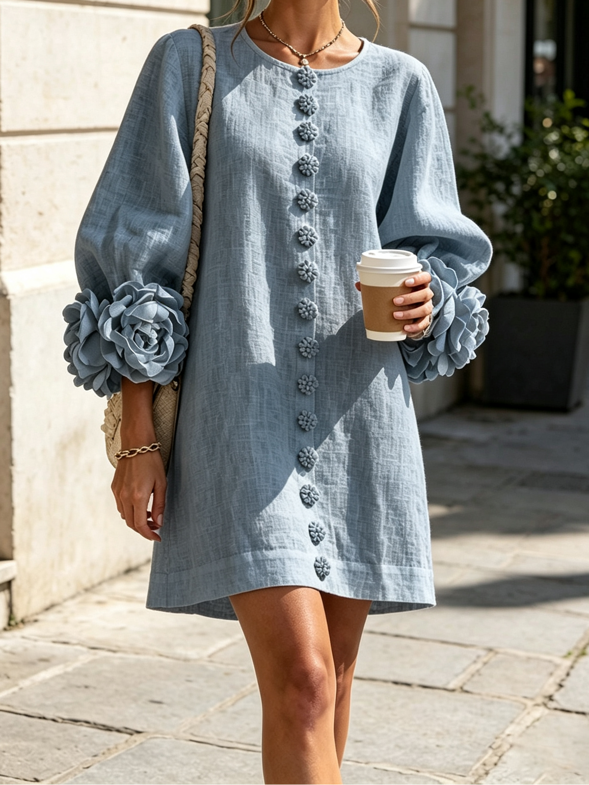 Round Neck Floral Applique Sleeve Button Front Linen Look Mini Dress