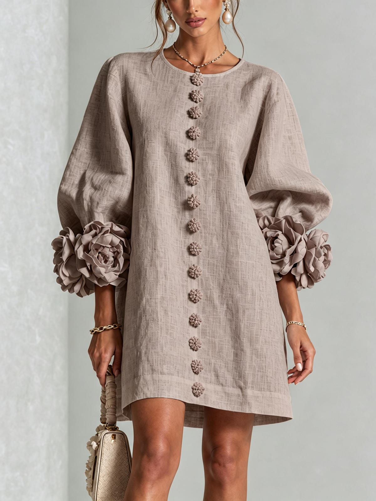 Floral Applique Puff Sleeve Button Front Linen Mini Dress
