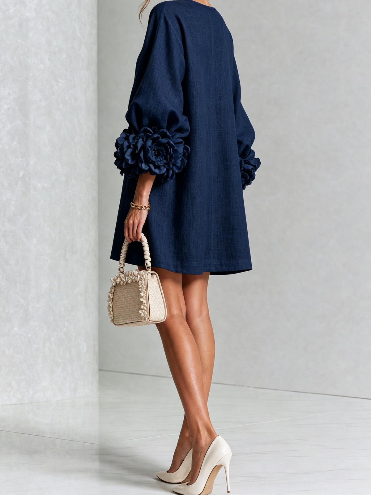 Round Neck Floral Applique Sleeve Button Front Linen Look Mini Dress