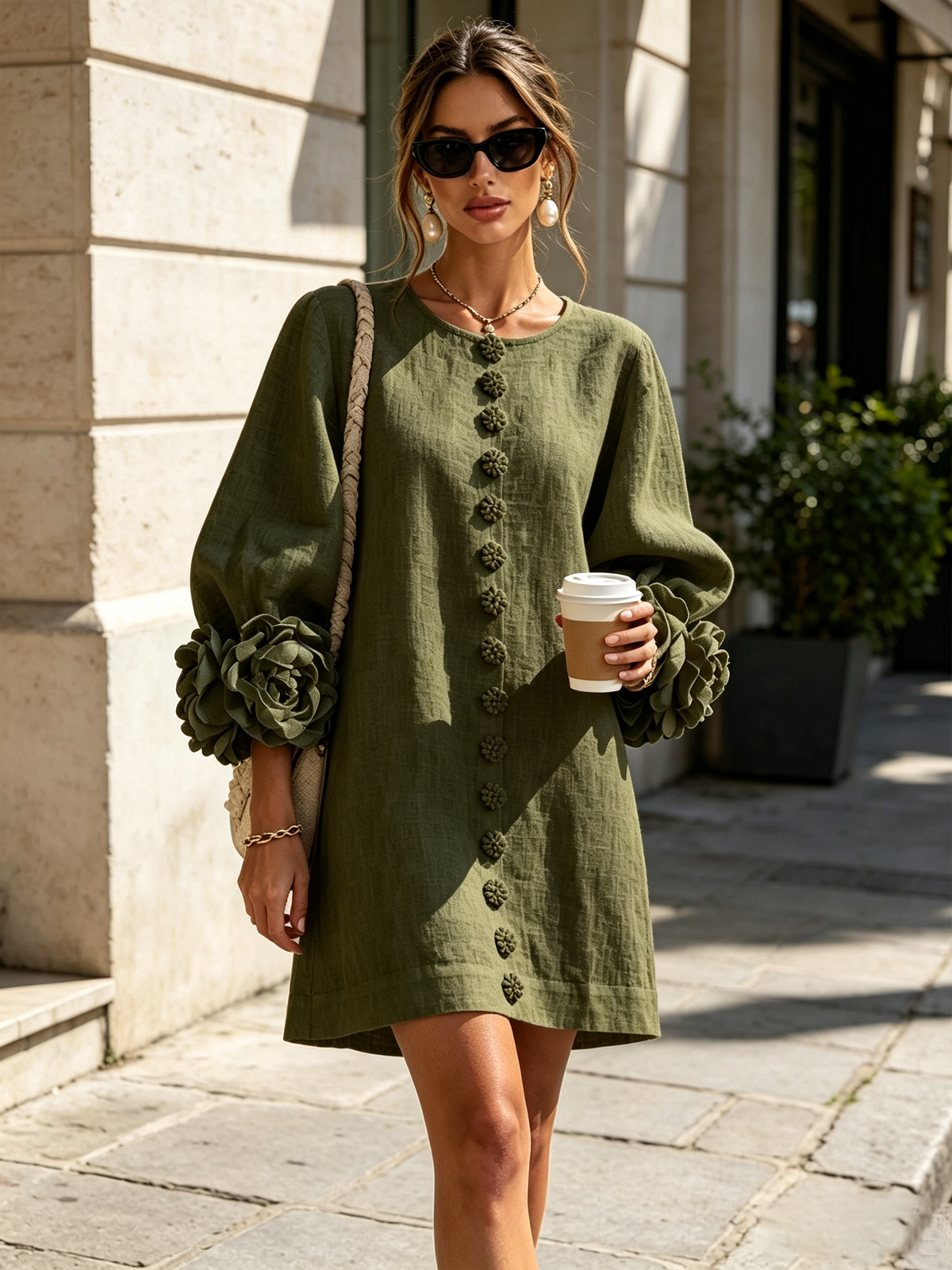 Fatima - Olive Floral Button-Down Mini Dress with Statement Sleeves