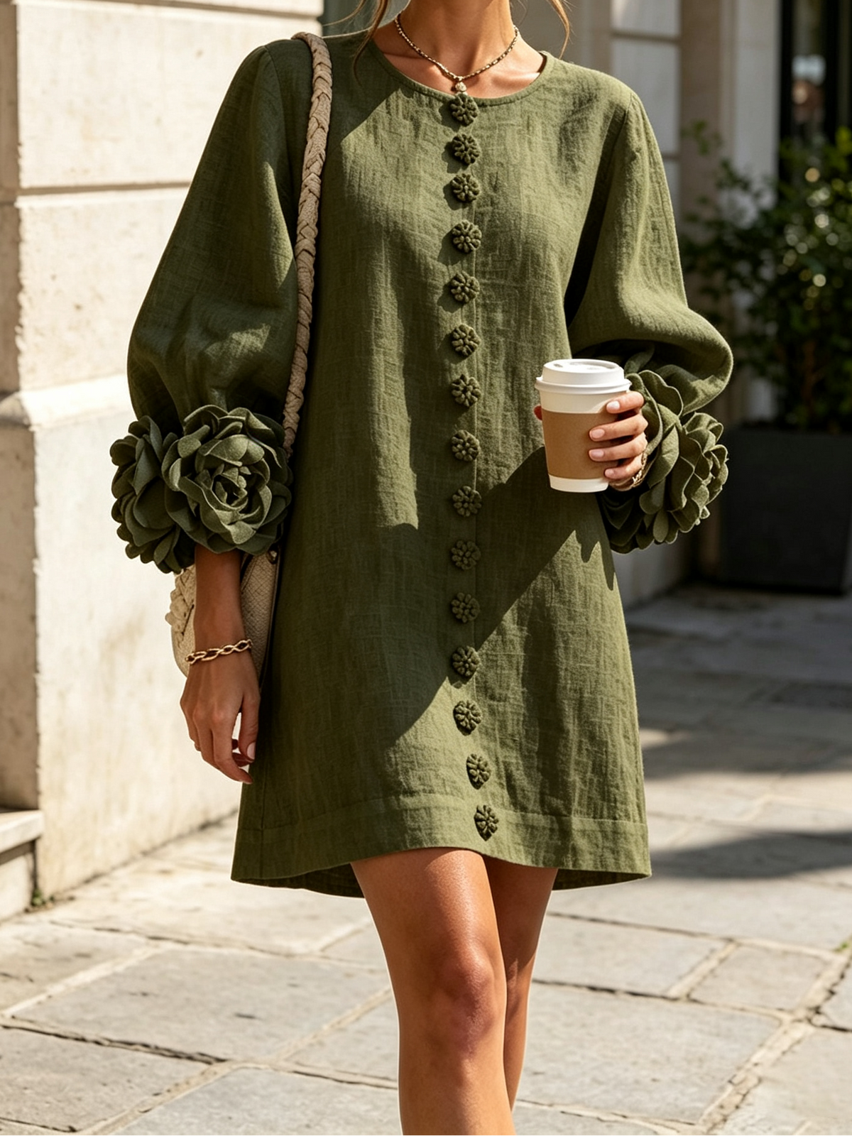 Round Neck Floral Applique Sleeve Button Front Linen Look Mini Dress