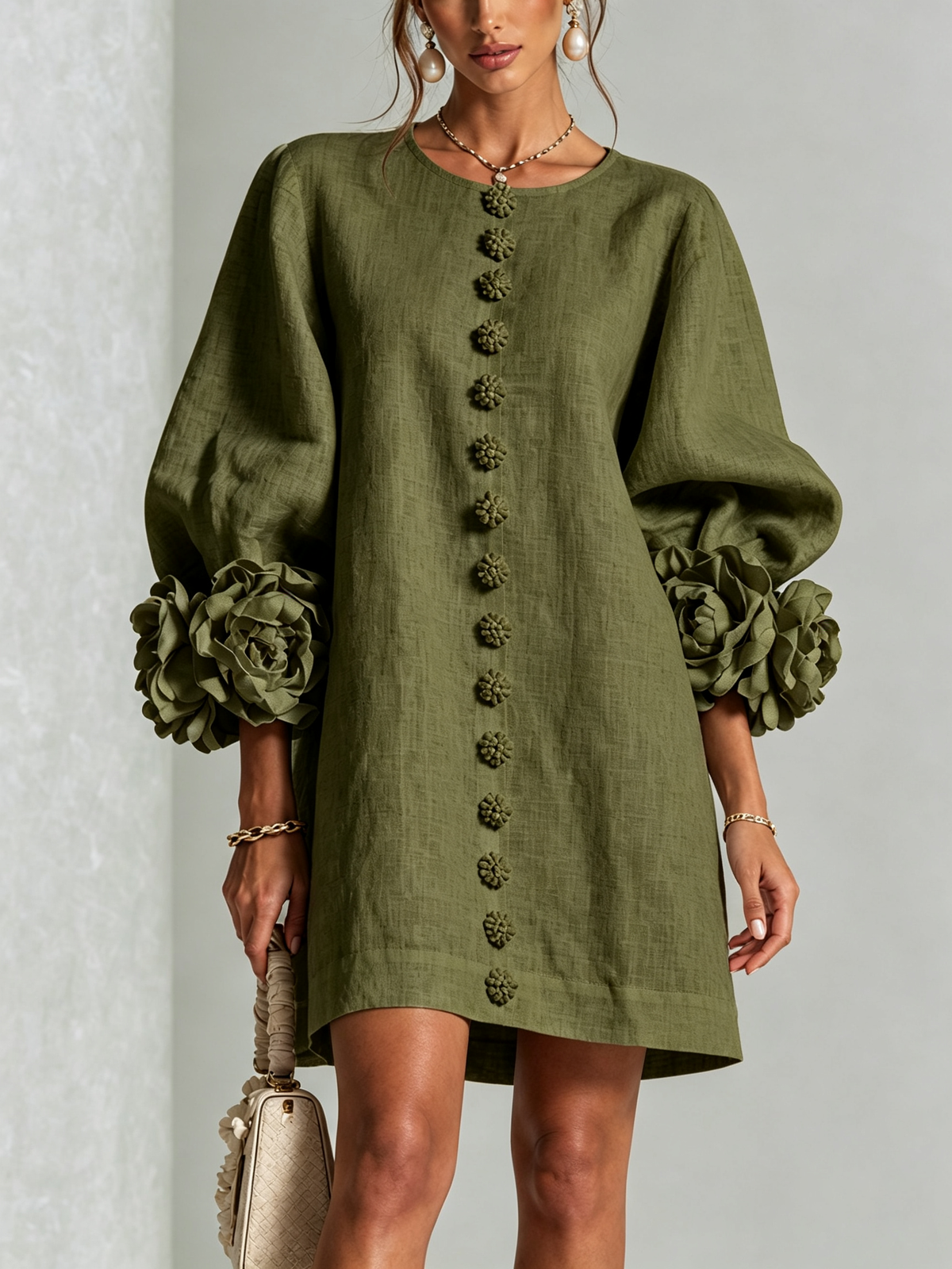 Floral Applique Puff Sleeve Button Front Linen Mini Dress