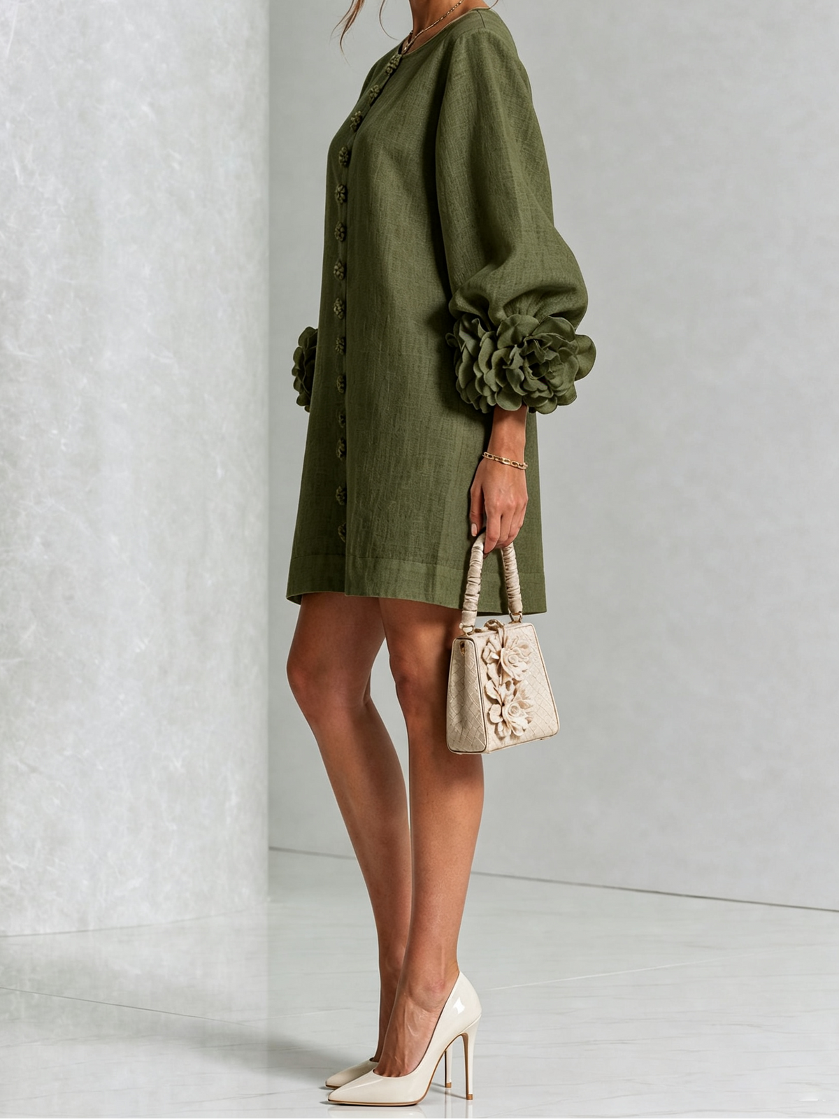 Round Neck Floral Applique Sleeve Button Front Linen Look Mini Dress