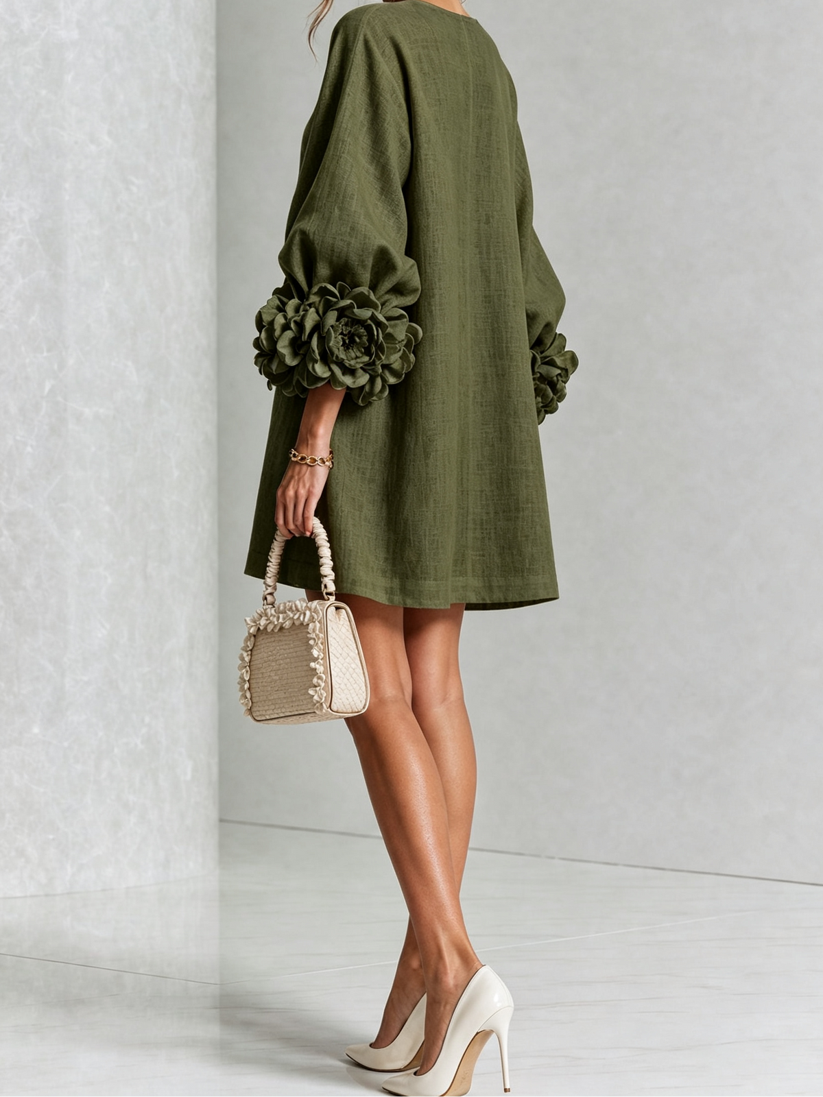 Round Neck Floral Applique Sleeve Button Front Linen Look Mini Dress
