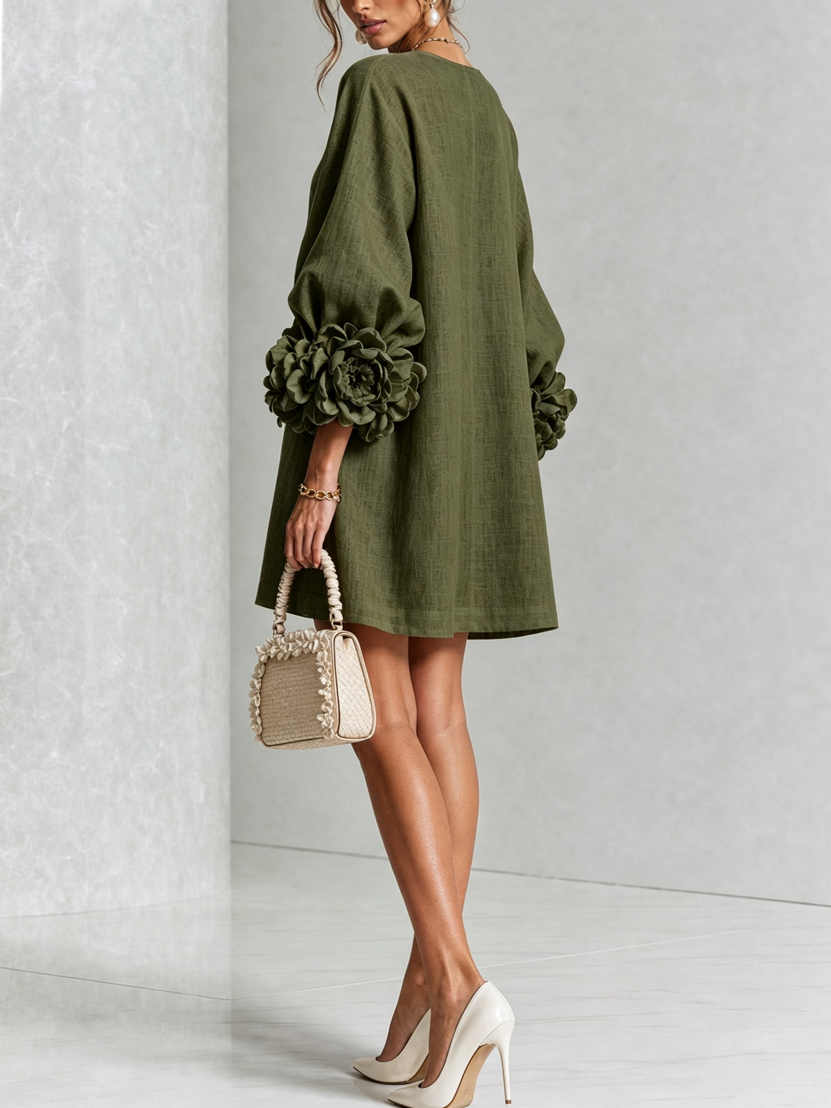 Floral Applique Puff Sleeve Button Front Linen Mini Dress