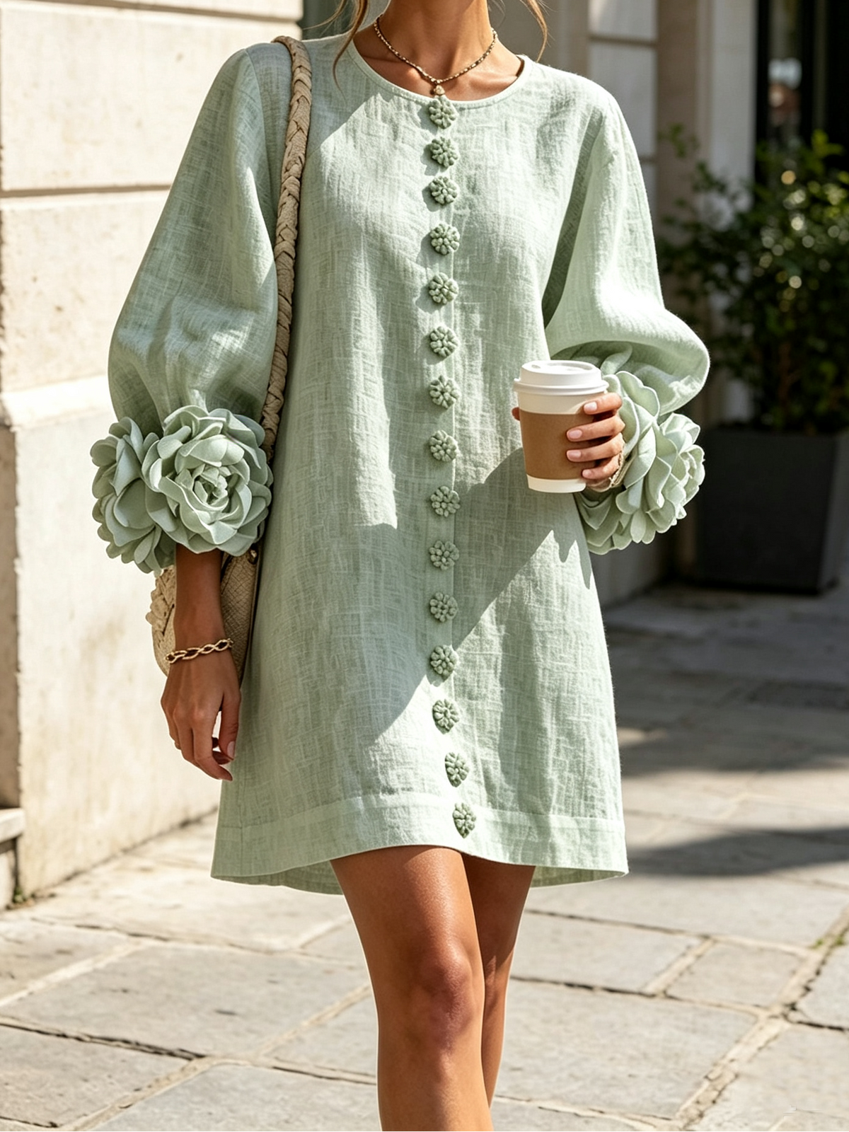 Round Neck Floral Applique Sleeve Button Front Linen Look Mini Dress