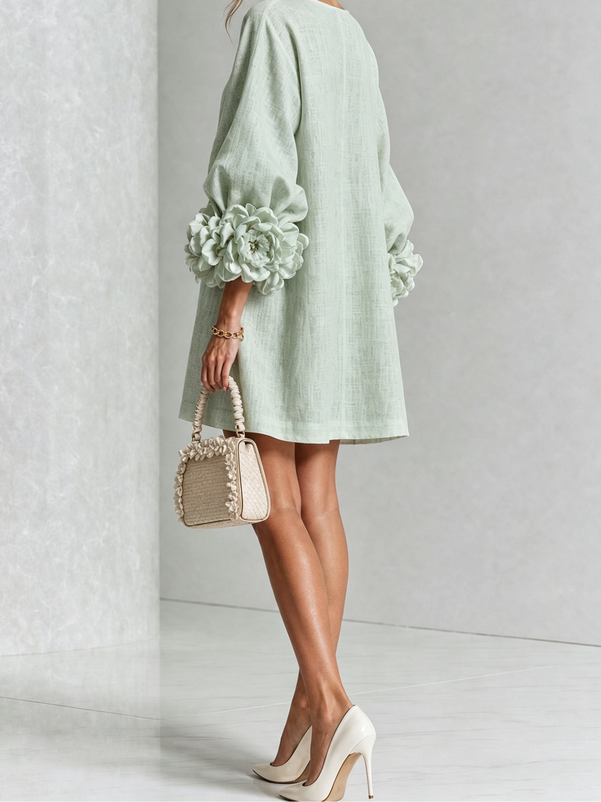 Round Neck Floral Applique Sleeve Button Front Linen Look Mini Dress