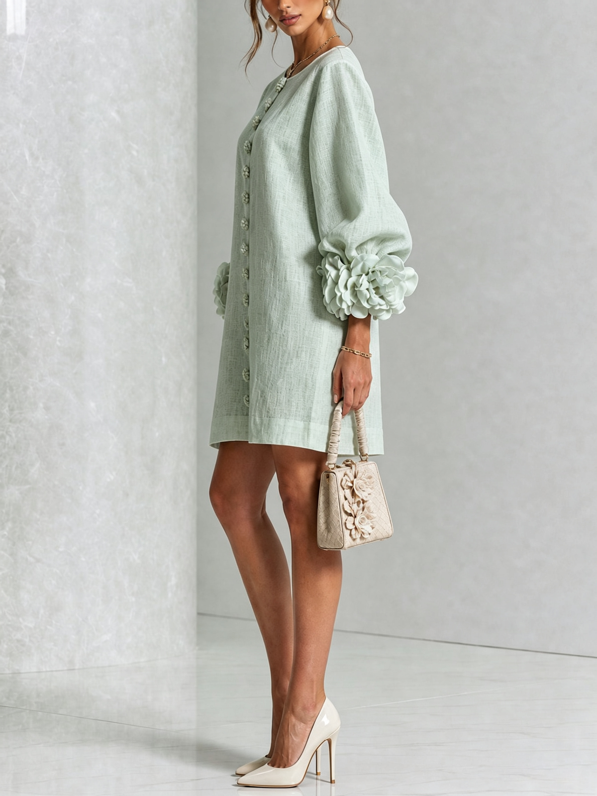 Floral Applique Puff Sleeve Button Front Linen Mini Dress