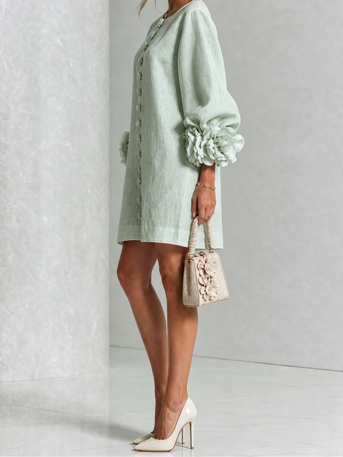 Round Neck Floral Applique Sleeve Button Front Linen Look Mini Dress