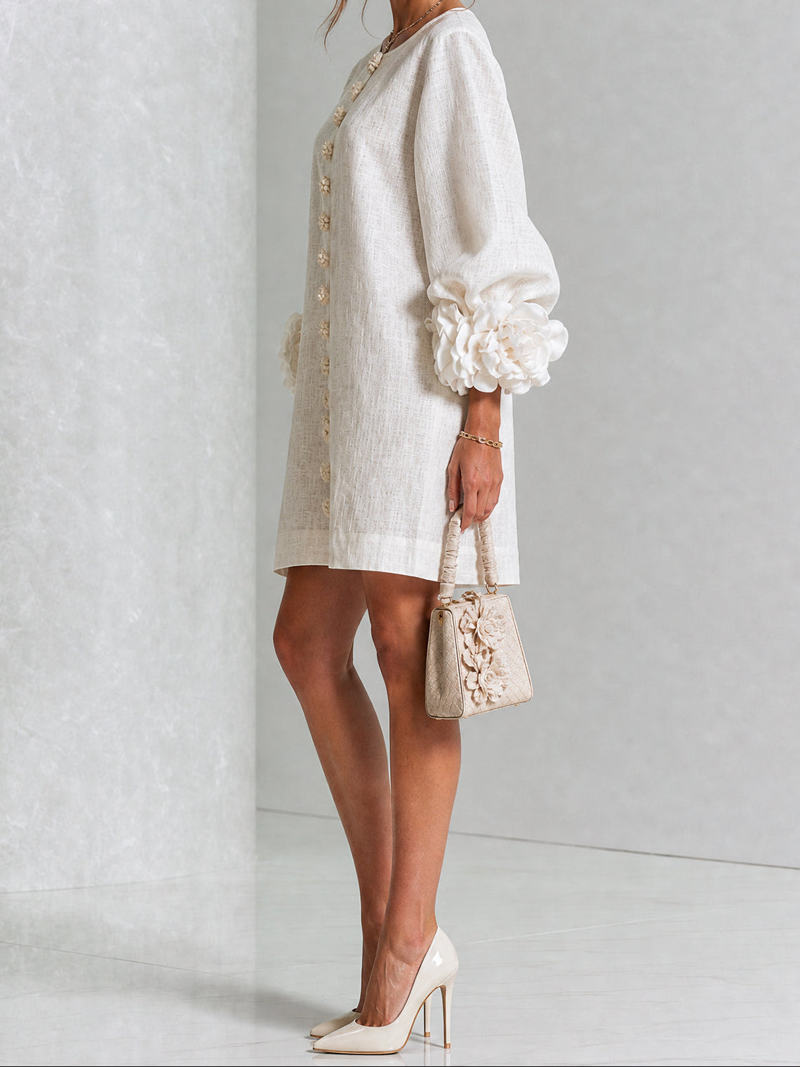 Round Neck Floral Applique Sleeve Button Front Linen Look Mini Dress