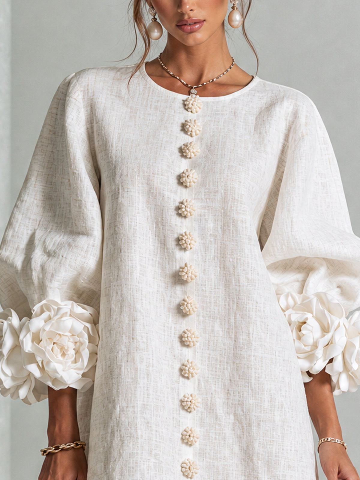 Floral Applique Puff Sleeve Button Front Linen Mini Dress