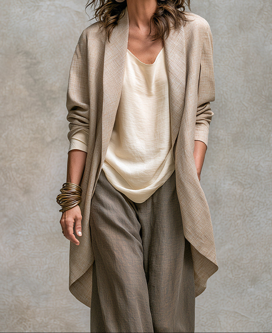 Draped Open Front Jacket Cami and Wide Leg Pants Three Piece Set