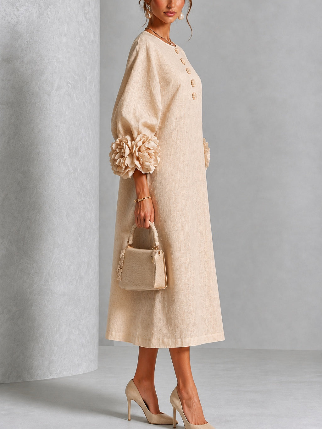 Flavie | Buttoned Floral Dress Beige