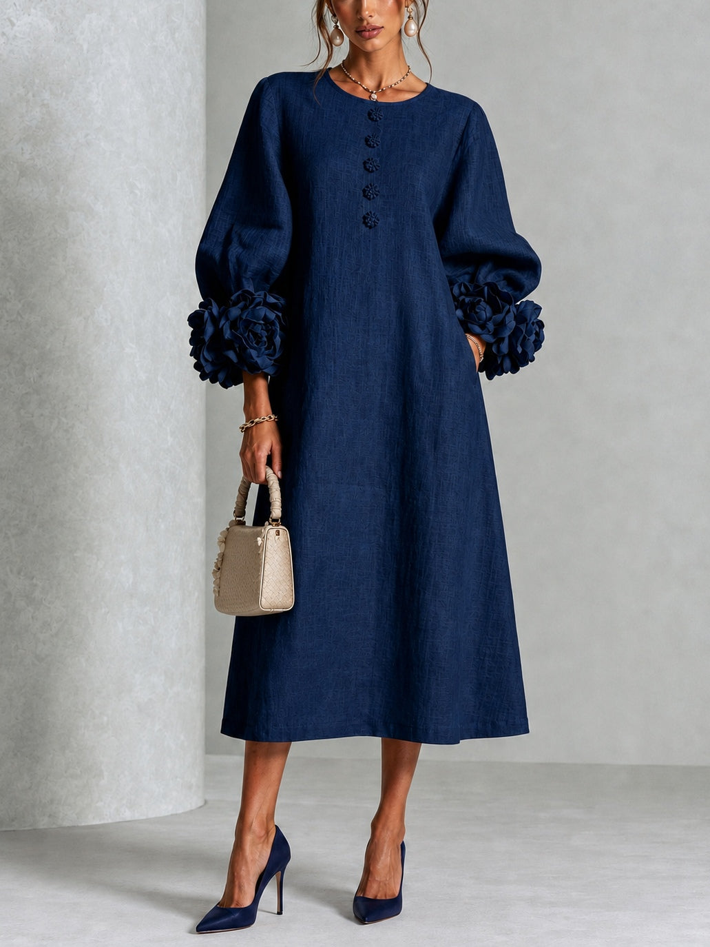 Candide | Navy Blue Buttoned Floral Dress