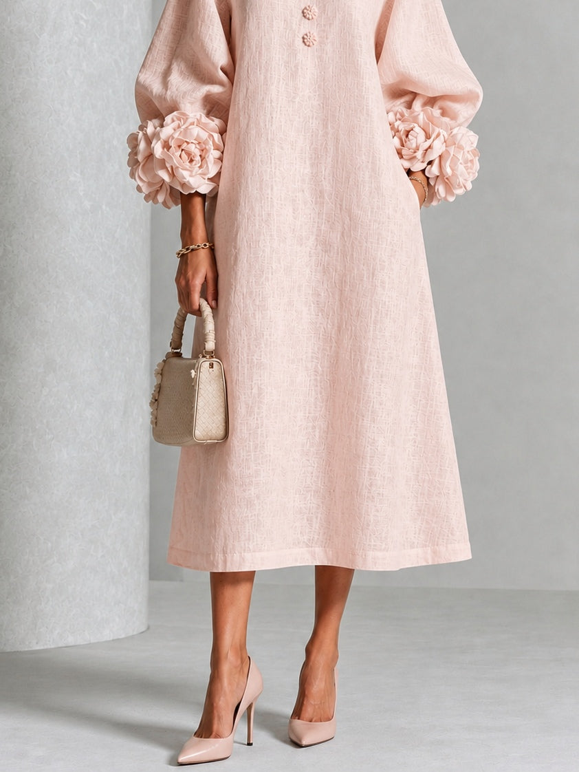 Floral Appliqué Balloon Sleeve Button Front Midi Dress
