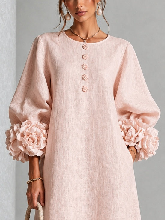 Floral Appliqué Balloon Sleeve Button Front Midi Dress