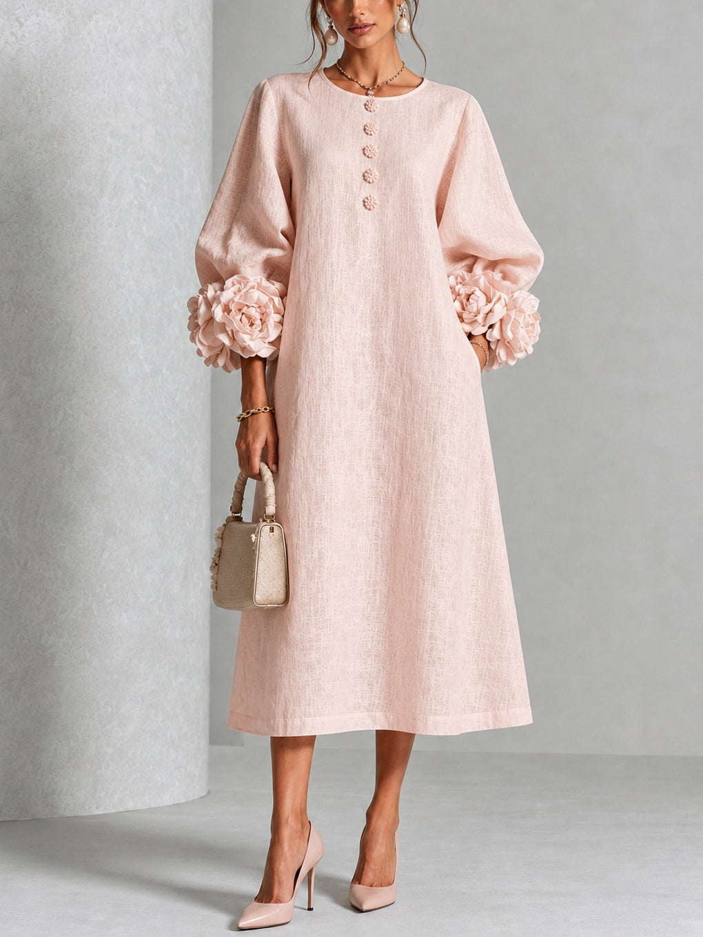Floral Appliqué Balloon Sleeve Button Front Midi Dress