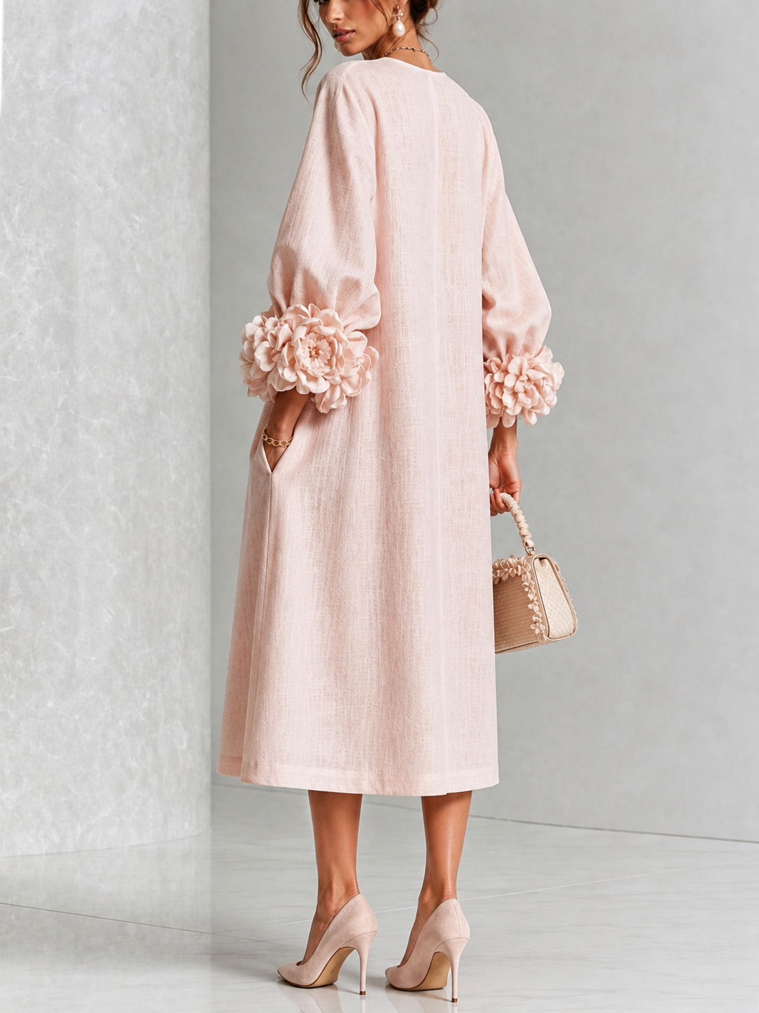 Floral Appliqué Balloon Sleeve Button Front Midi Dress