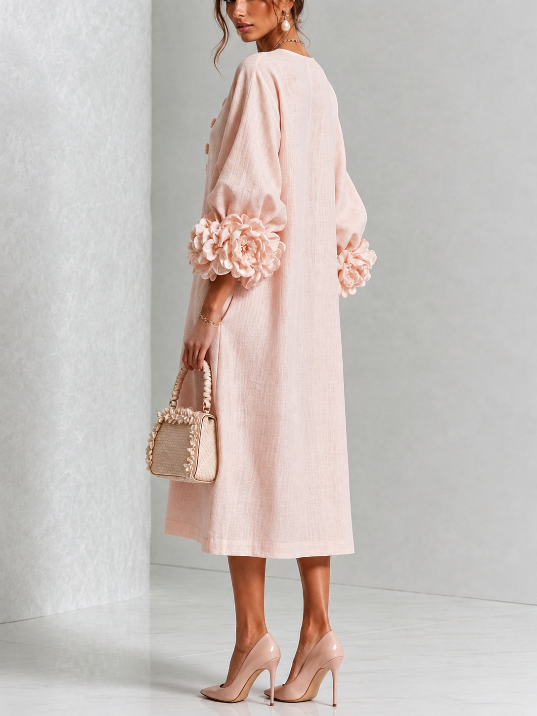 Floral Appliqué Balloon Sleeve Button Front Midi Dress