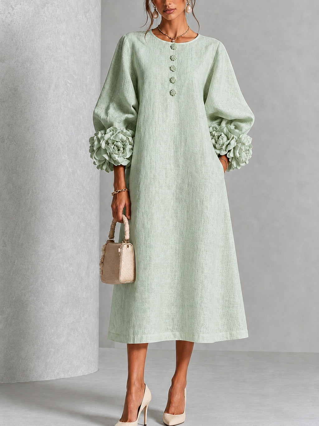 Sabine | Buttoned Floral Dress in Sage Green