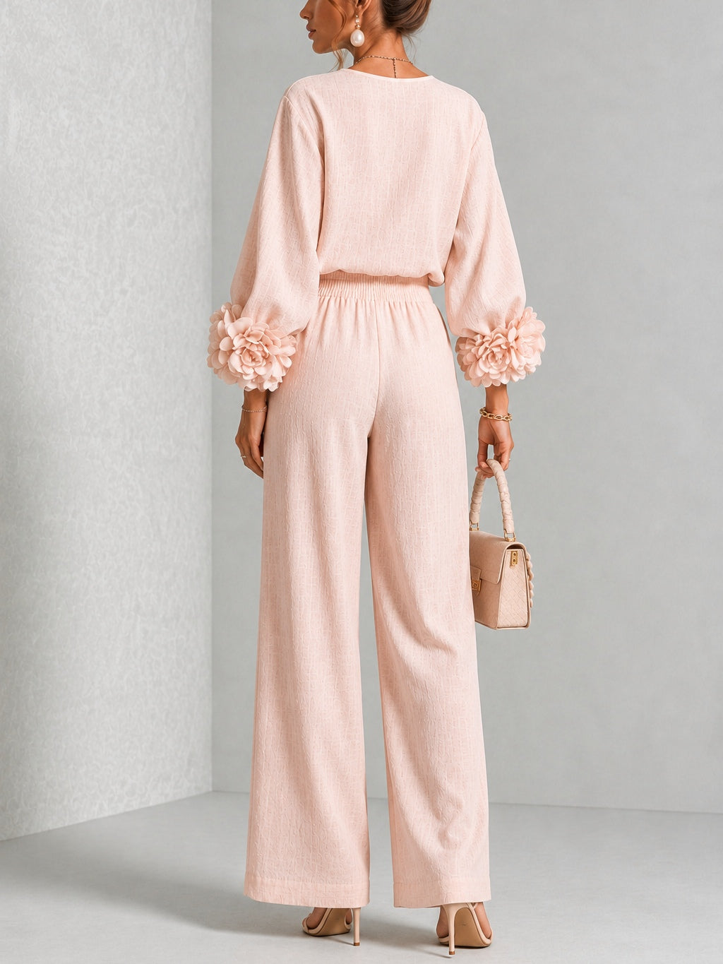 Floral Cuff Long Sleeve Top and Wide Leg Pants Two Piece Set
