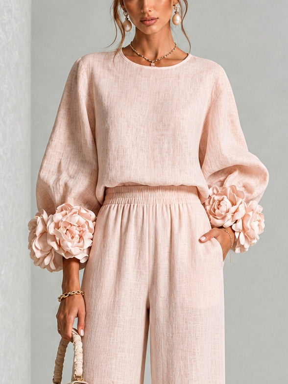 Floral Cuff Long Sleeve Top and Wide Leg Pants Two Piece Set