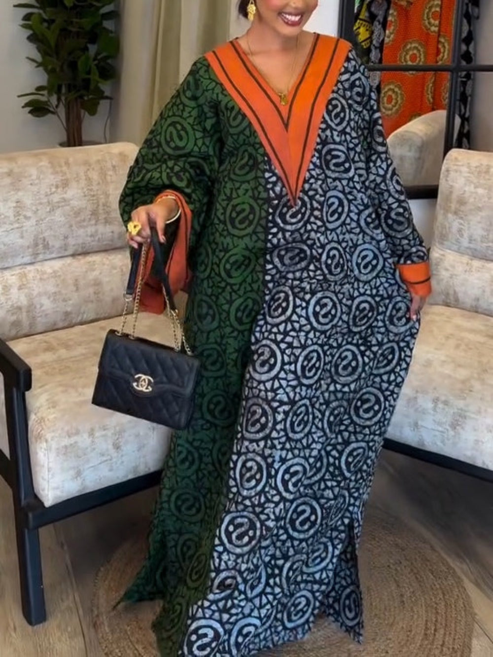 Color Block Print V Neck Tunic Maxi Dress Multicolor