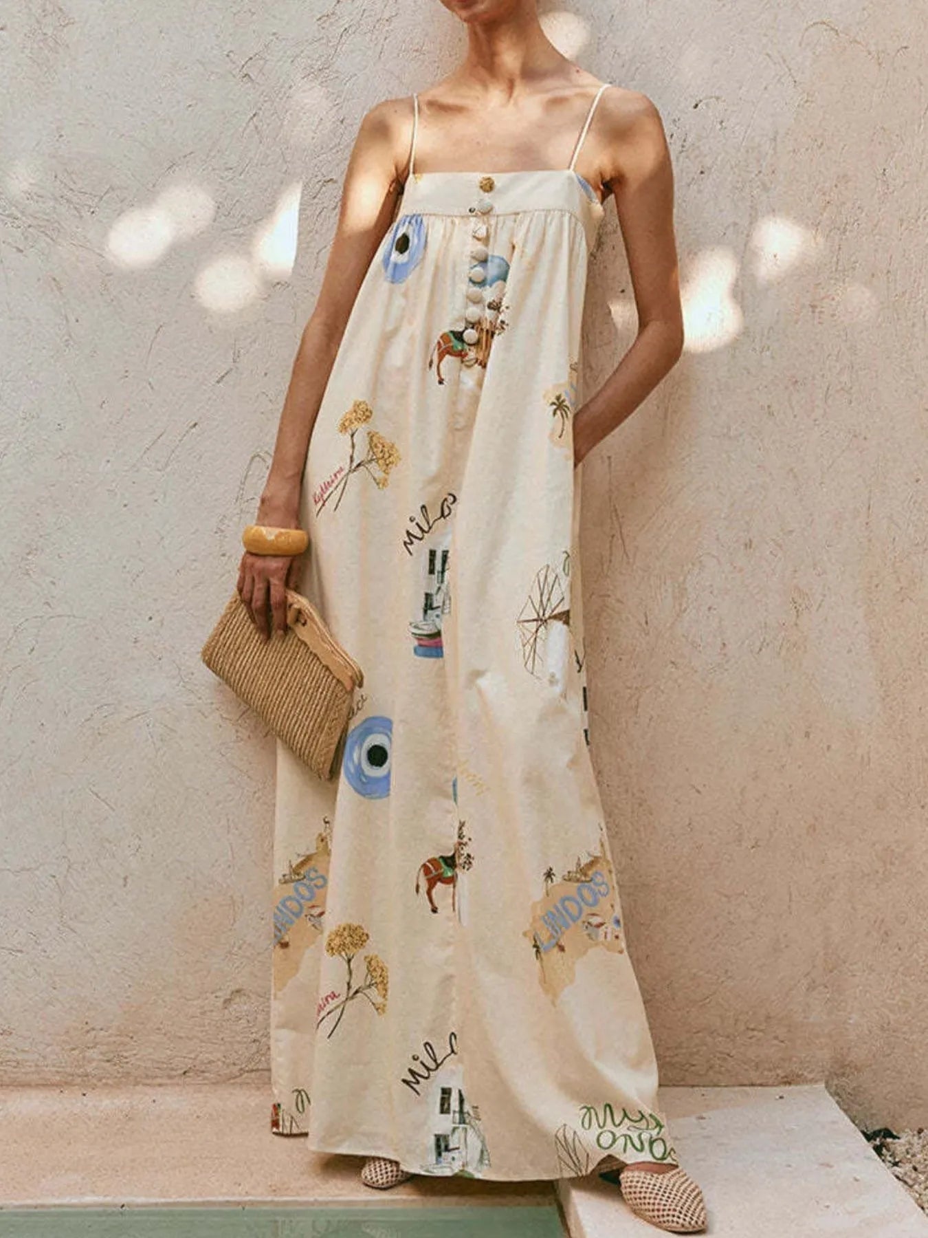 Strapless Square Neck Printed Maxi Dress Apricot