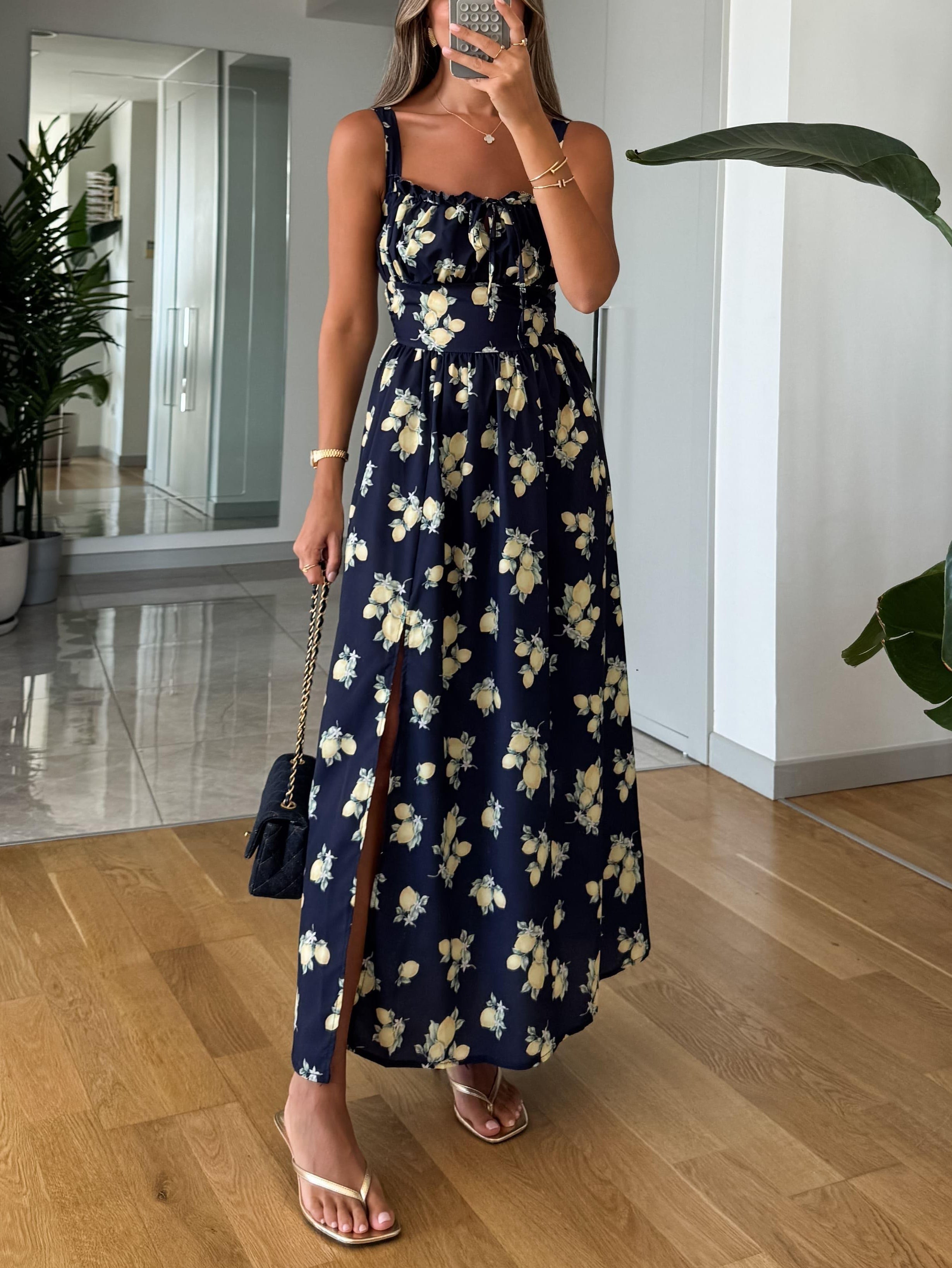 Elegant Navy Blue Printed Suspender Dress Navy