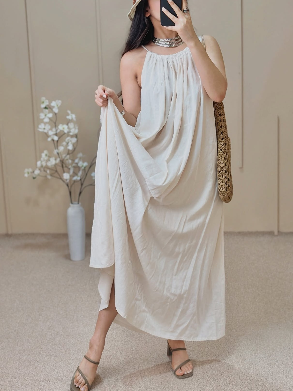 Beige Adjustable Strap Floor-Length Dress off-white