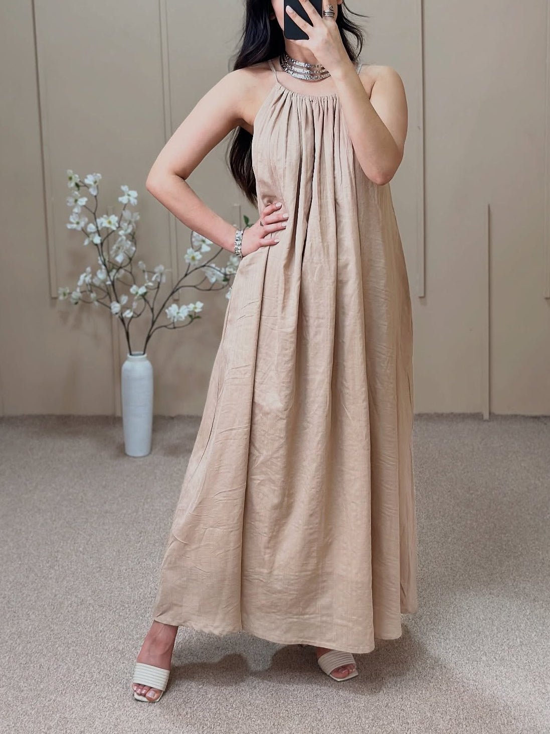 Beige Adjustable Strap Floor-Length Dress Beige