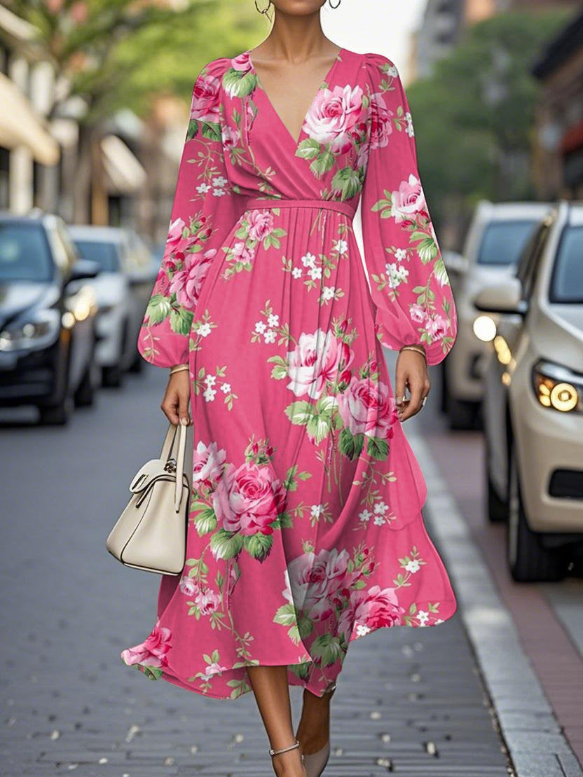 Elegant Floral V-neck Pleated Midi Dress Pink