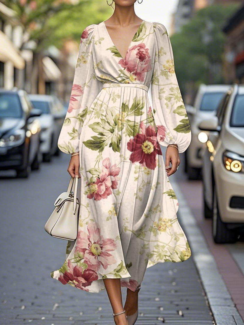 Elegant Floral V-neck Pleated Midi Dress Beige