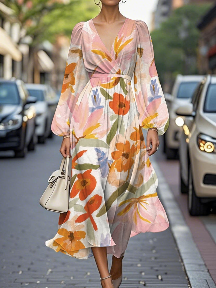 Elegant Floral V-neck Pleated Midi Dress Orange