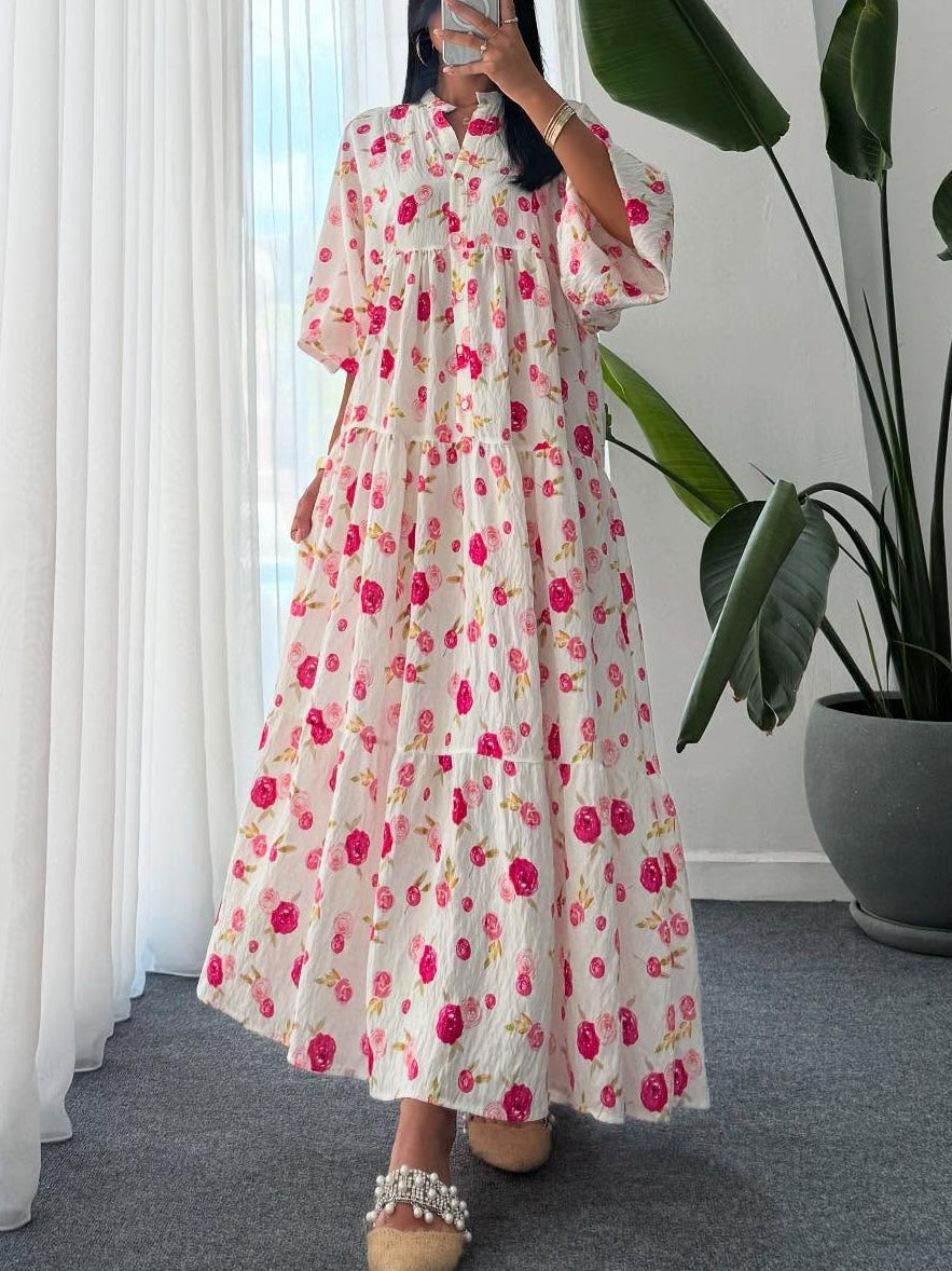 Floral Pattern V-Neck Lantern Sleeve Dress Multicolor