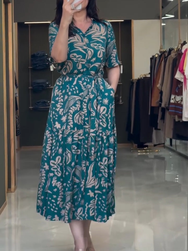 Dark Green Floral Pattern Shirt Dress Dark Green