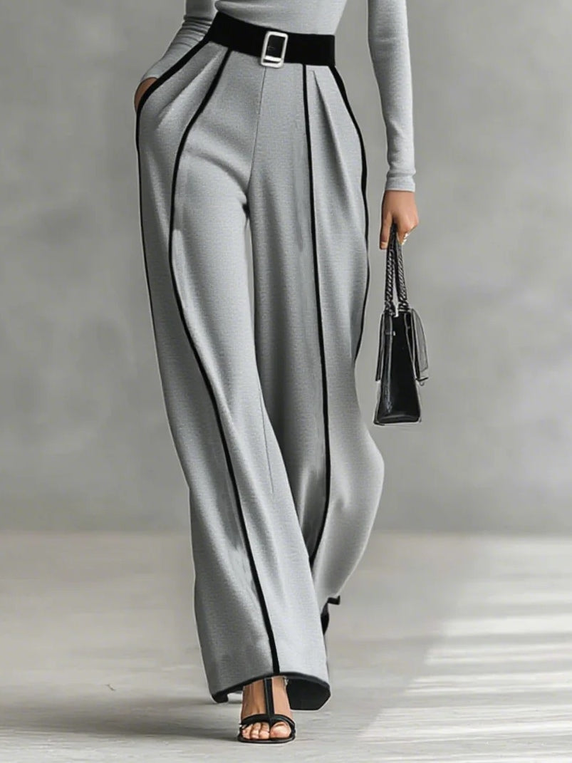 Turtleneck Top and Contrast Piping Wide Leg Pants Two Piece Set